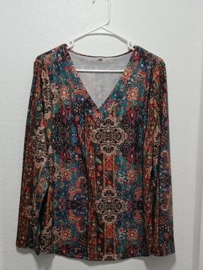 Amazon Essentials Teal Multi-Print V-Neck Long-Sleeve Blouse